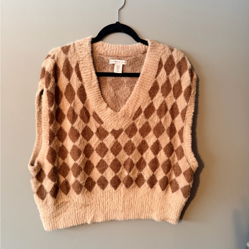 Sincerely Jules V-Neck Argyle Sweater Vest - Cream and Brown